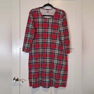 Lands' End Cotton Plaid Pull Over Nightgown Red Green Stretch Size Medium 10-12